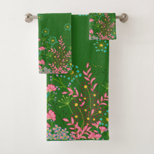 Beautiful Floral Pattern on Green Background  Bath Towel Set