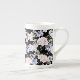 Beautiful Floral Pattern Roses Iris Pink Blue  Bone China Mug