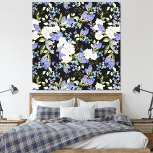 Beautiful Floral Pattern Roses Iris Pink Blue  Canvas Print
