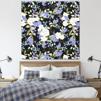 Beautiful Floral Pattern Roses Iris Pink Blue Canvas Print
