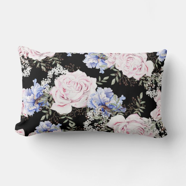 Beautiful Floral Pattern Roses Iris Pink Blue  Lumbar Cushion (Front)