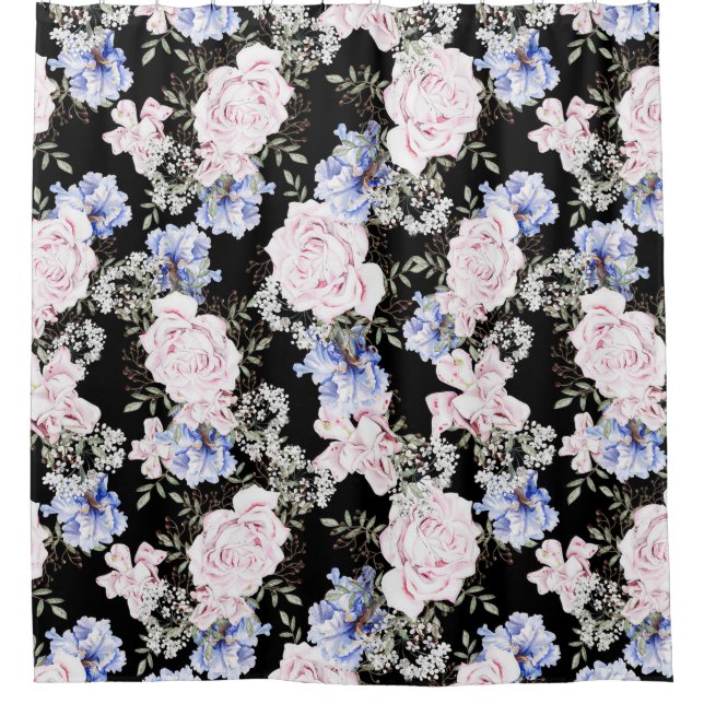 Beautiful Floral Pattern Roses Iris Pink Blue  Shower Curtain (Front)