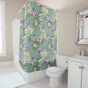 Beautiful Floral Pattern Roses Wildflowers Green Shower Curtain