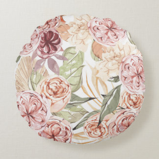 Beautiful Floral Pattern With Bright Autumn Leaves Round Cushion