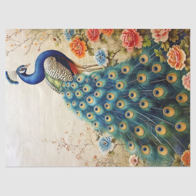 Beautiful Floral Peacock Decoupage Tissue Paper (Front)