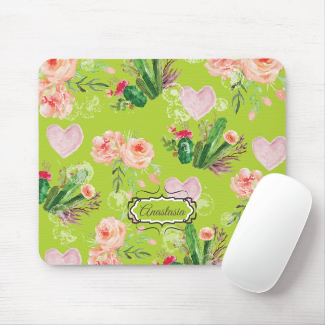 Beautiful Floral Personalised Cactus Mouse Mat (With Mouse)