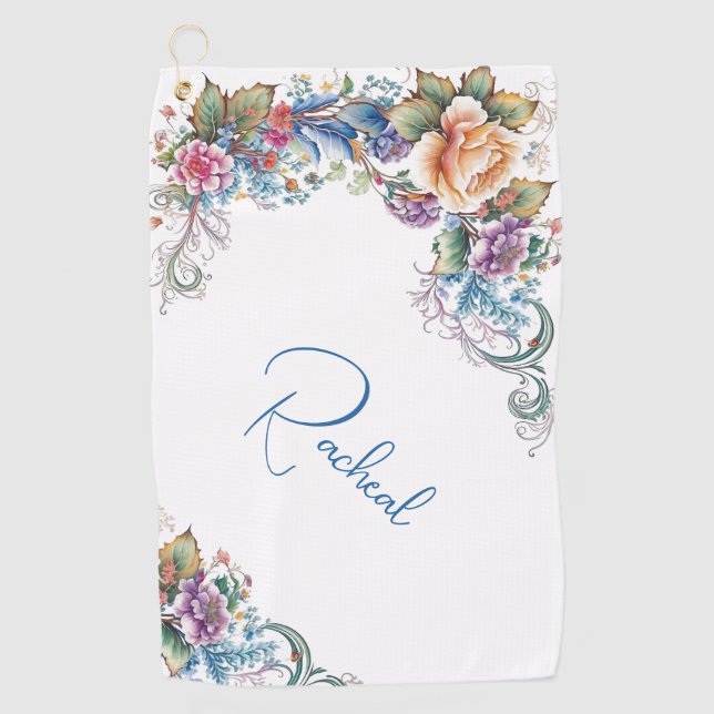 Beautiful Floral Personalised Golf Towel (Front)