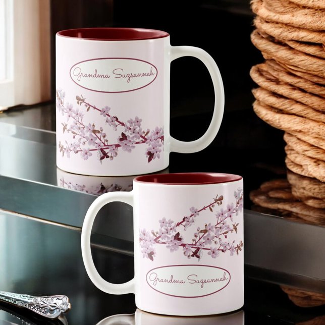 Beautiful Floral Pink Cherry Blossom Custom Two-Tone Coffee Mug (Mug design and template area on both sides of handle)