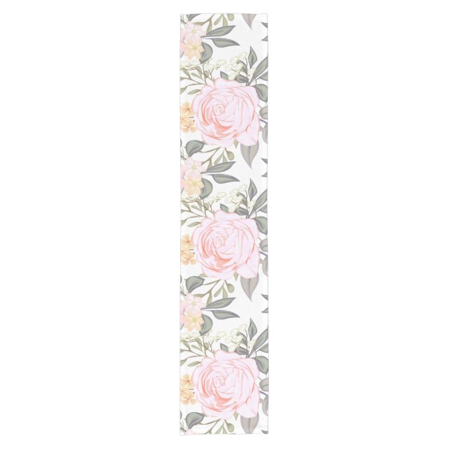 Beautiful floral pink rose and green foliage short table runner (Front)