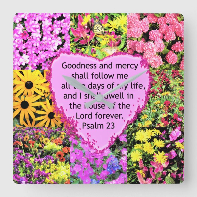 BEAUTIFUL FLORAL PSALM 23 DESIGN SQUARE WALL CLOCK (Front)