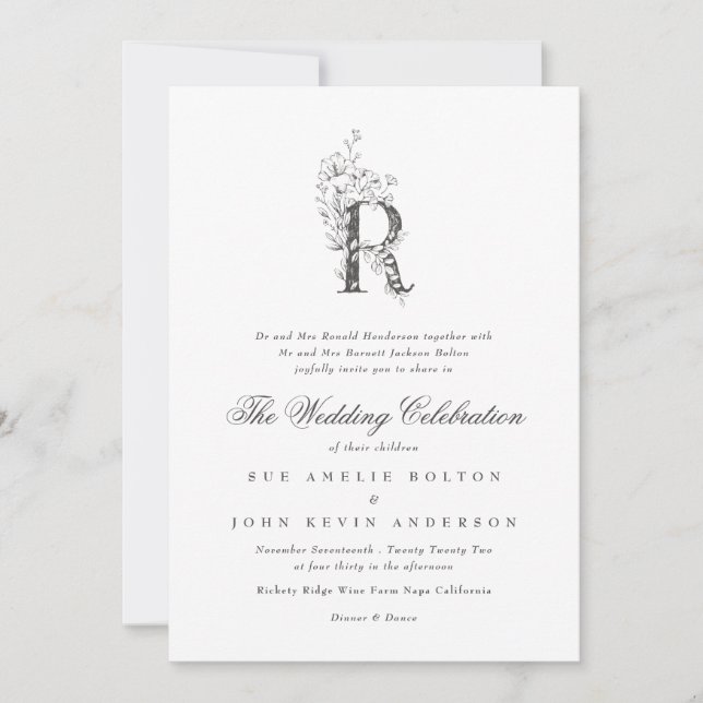 Beautiful Floral 'R' Monogram Sketched Wedding Invitation (Front)