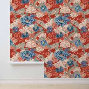 Beautiful Floral Red Japanese Dragon Elegant Wallpaper
