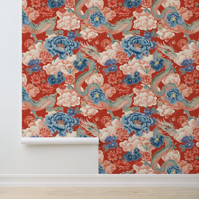 Beautiful Floral Red Japanese Dragon Elegant Wallpaper (Application)