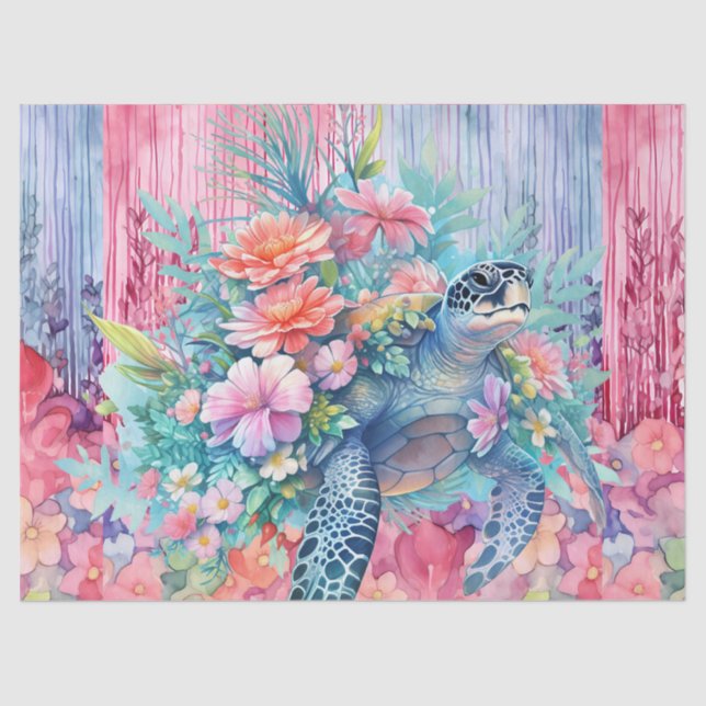 Beautiful Floral Sea Turtle Decoupage  Tissue Paper (Front)