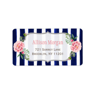 Beautiful Floral Silver Glitter Navy Blue Stripes Label