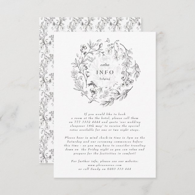 Beautiful Floral Sketched Wreath Wedding Enclosure Card (Front/Back)