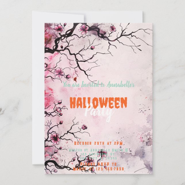 Beautiful Floral Tree Pink Halloween Party Invitation (Front)