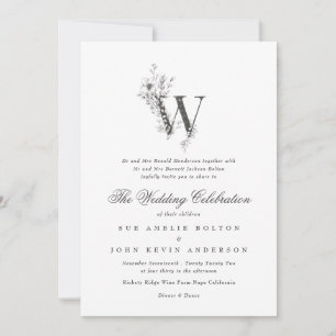 Beautiful Floral 'W' Monogram Sketched Wedding Invitation