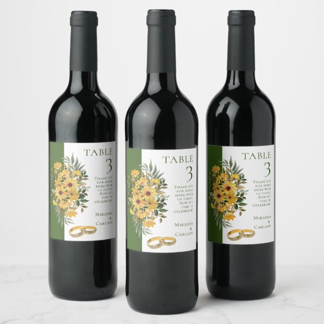 Beautiful Floral w/ Rings Wedding Table Number Wine Label (Bottles)