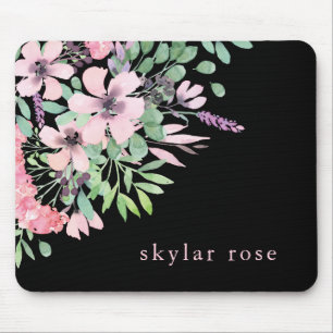 Beautiful Floral Watercolor Bouquet on Black Mouse Mat