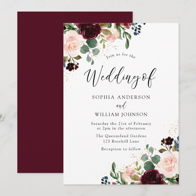 Beautiful Floral Watercolor Burgundy Wedding Invitation (Front/Back)