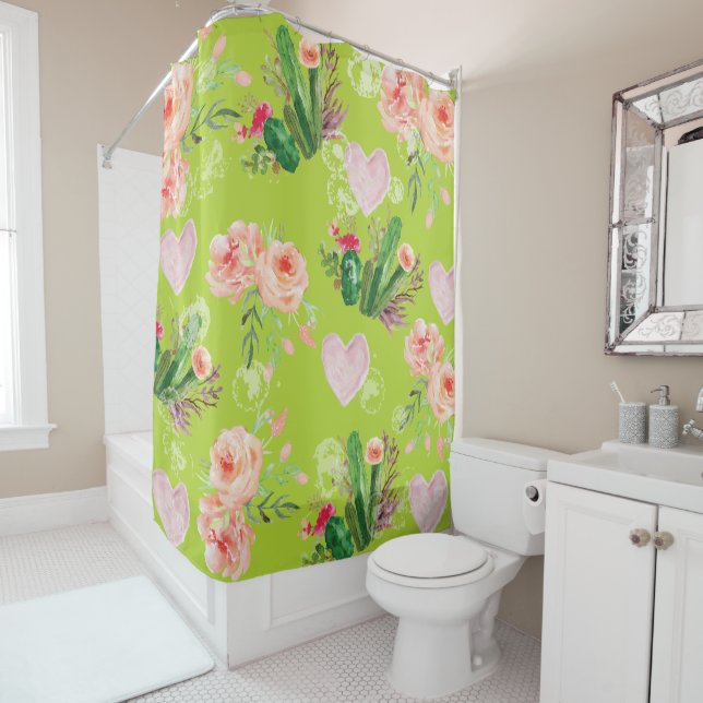Beautiful Floral watercolor Cactus Shower Curtain (In Situ)