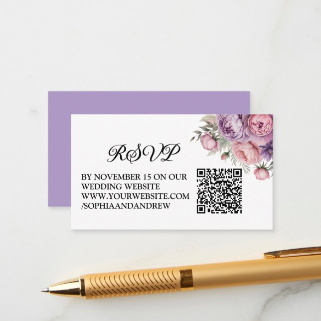 Beautiful Floral Wedding RSVP Card with QR Code (Front/Back In Situ)