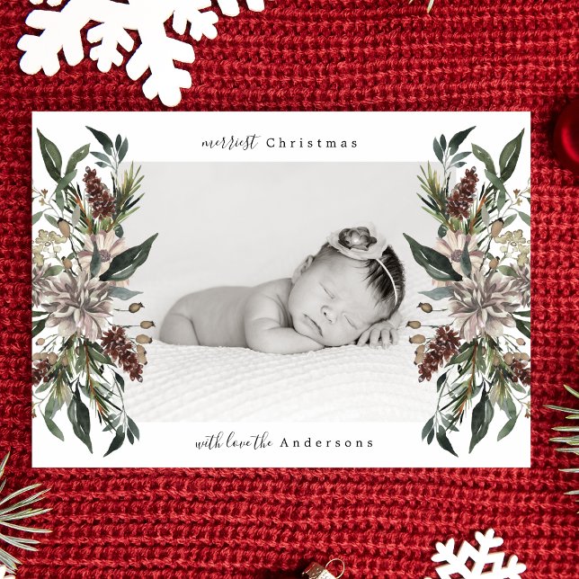 Beautiful Floral White Merry Christmas Photo Card (Creator Uploaded)