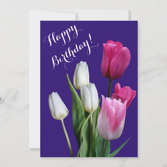 Beautiful floral white pink tulips happy birthday holiday card (Front)