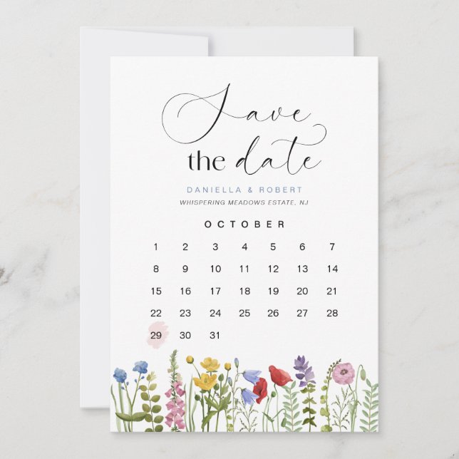 Beautiful Floral Wildflower Wedding Calendar  Save The Date (Front)