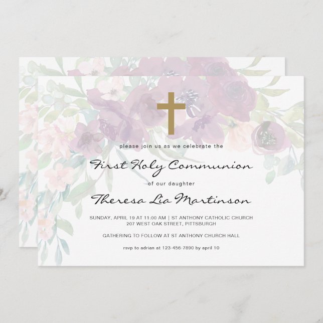 Beautiful Floral with Cross First Holy Communion Invitation (Front/Back)
