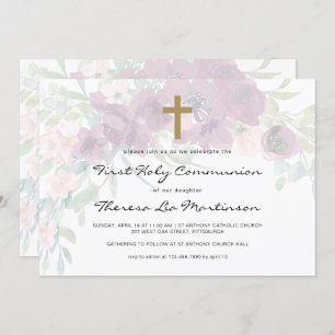 Beautiful Floral with Cross First Holy Communion Invitation
