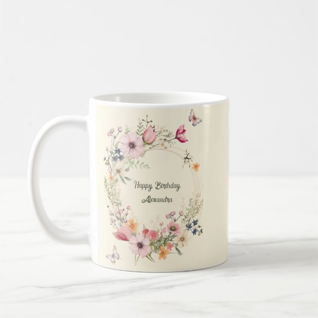 Beautiful Floral Wreath and Butterflies Birthday Coffee Mug (Left)