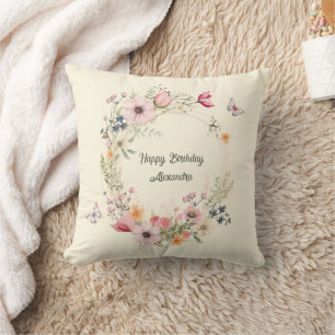 Beautiful Floral Wreath and Butterflies Birthday Cushion