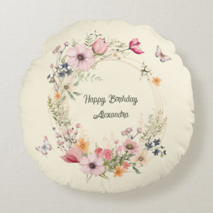 Beautiful Floral Wreath and Butterflies Birthday Round Cushion
