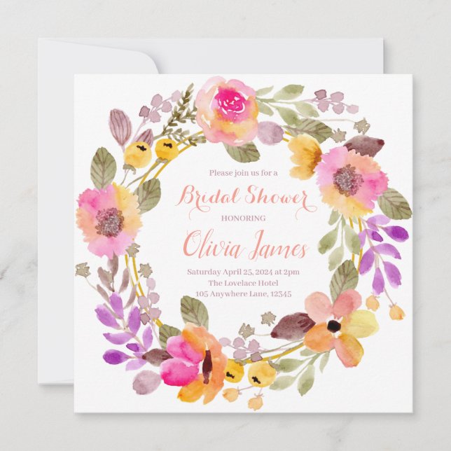 Beautiful Floral Wreath Bridal Shower Invitation (Front)