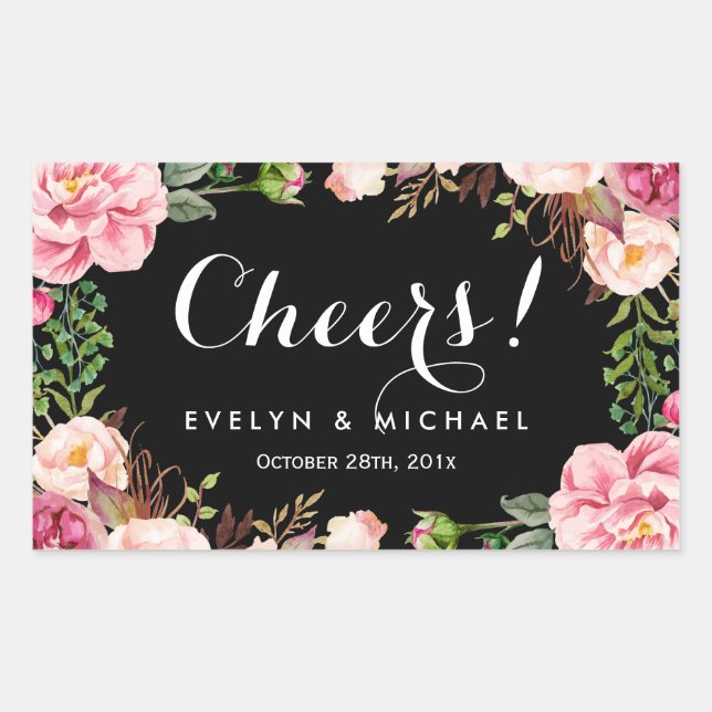 Beautiful Floral Wreath Cheers Wedding Wine Label (Front)