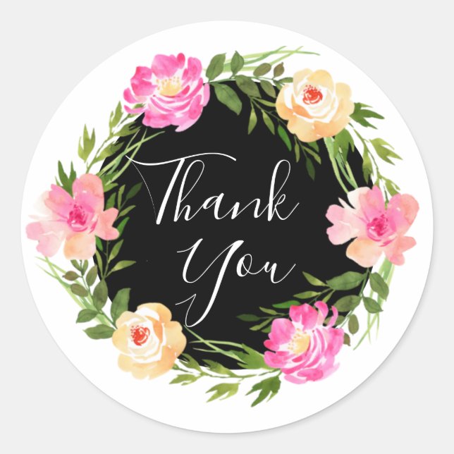 Beautiful Floral Wreath Thank You Classic Round Sticker (Front)