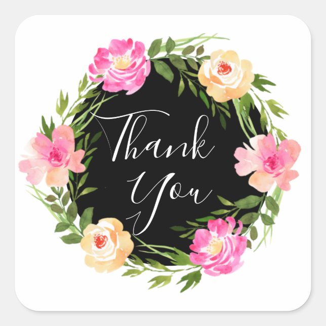 Beautiful Floral Wreath Thank You Square Sticker (Front)