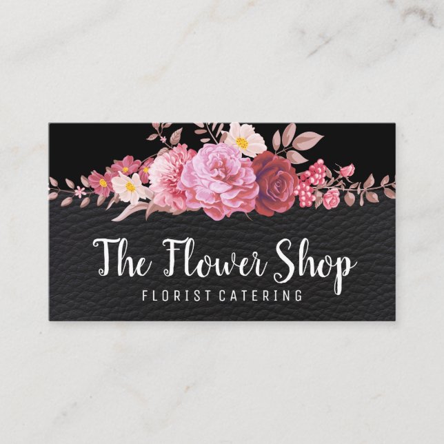 Beautiful Flower Arrangement | Leather Texture Business Card (Front)