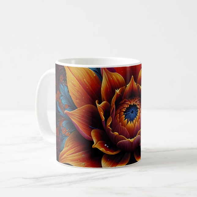 Beautiful flower head with orange and blue petals coffee mug (Front Left)