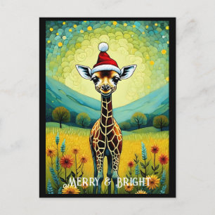 Beautiful Flower Meadow Giraffe Santa Christmas  Postcard