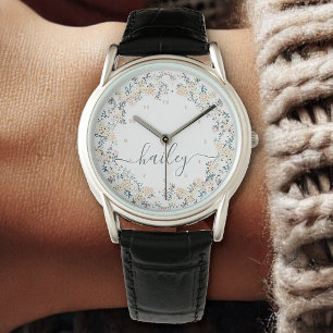 Beautiful Flower Wreath Watercolor Botanical White Watch
