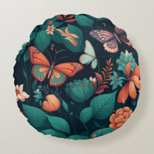 Beautiful flowers and butterflies in the jungle round cushion