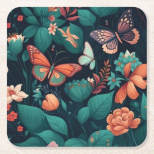 Beautiful flowers and butterflies in the jungle square paper coaster
