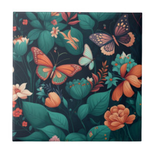 Beautiful flowers and butterflies in the jungle tile