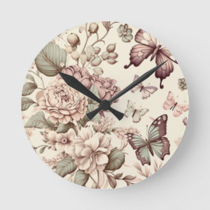 Beautiful flowers and butterflies pastel colours round clock