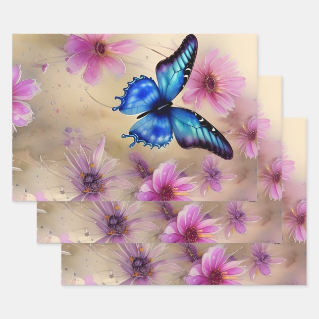 Beautiful Flowers and Butterfly Wrapping Paper Sheet (Set)