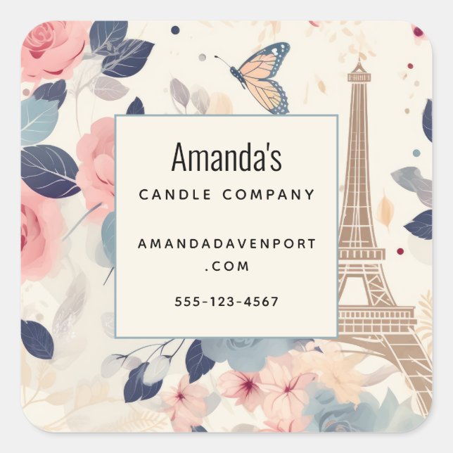 Beautiful Flowers and Eiffel Tower Paris Business Square Sticker (Front)