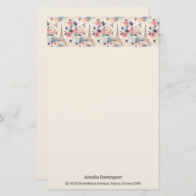 Beautiful Flowers and Eiffel Tower Paris Pattern Stationery (Front/Back)